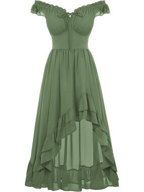 Women's Olive Green Renaissance Corset Dress Off Shoulder High-Low Chiffon